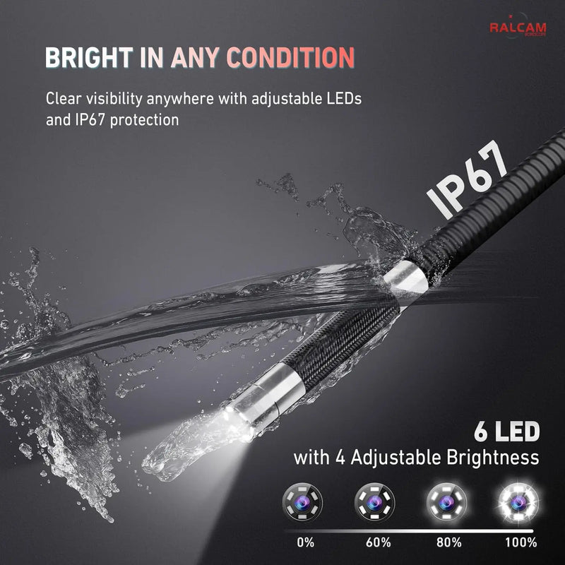 Ralcam  Endoscope Camera with 210° Movable Head, 6.2 mm Probe, 5 Inch HD Screen IP67 Inspection Camera， for Car and Home