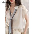MISHOW Women's Linen 2 Piece Sets 2026 Summer Lapel V-neck Shirt High Waist Wide Leg Pants Set with Scarf Office Lady MXF20T1713