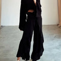 Fashion Flare Sleeve Hollow 2pcs Women Casual Solid Cotton Linen Suit Y2k Summer O Neck Crop Top+Lace-up Ruffle Pants Outfit