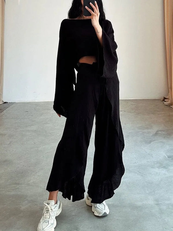 Fashion Flare Sleeve Hollow 2pcs Women Casual Solid Cotton Linen Suit Y2k Summer O Neck Crop Top+Lace-up Ruffle Pants Outfit