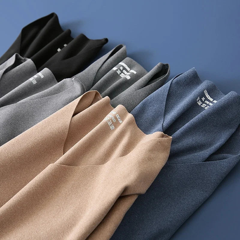 Double-Sided Deroing Men's Long Sleeve V-Neck Thermal Top Seamless Comfortable Cotton Knitted Base Layer Shirt Casual Fashion