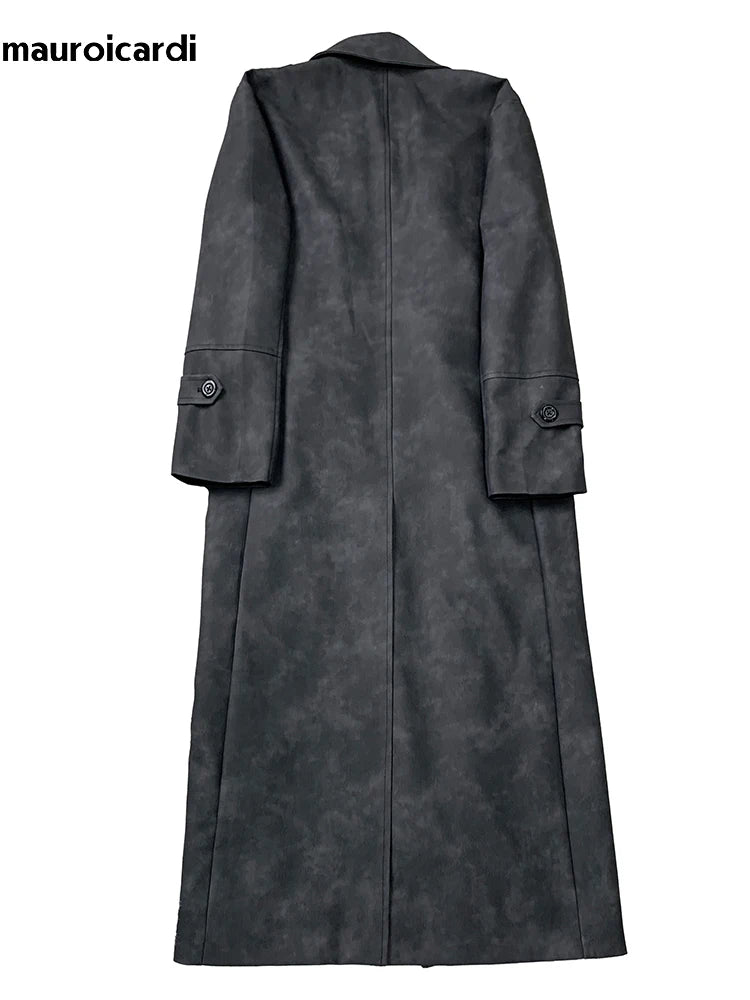Mauroicardi Spring Autumn Extra Long Distressed Pu Leather Trench Coat Men Belt Double Breasted Luxury Designer Clothes Fashion