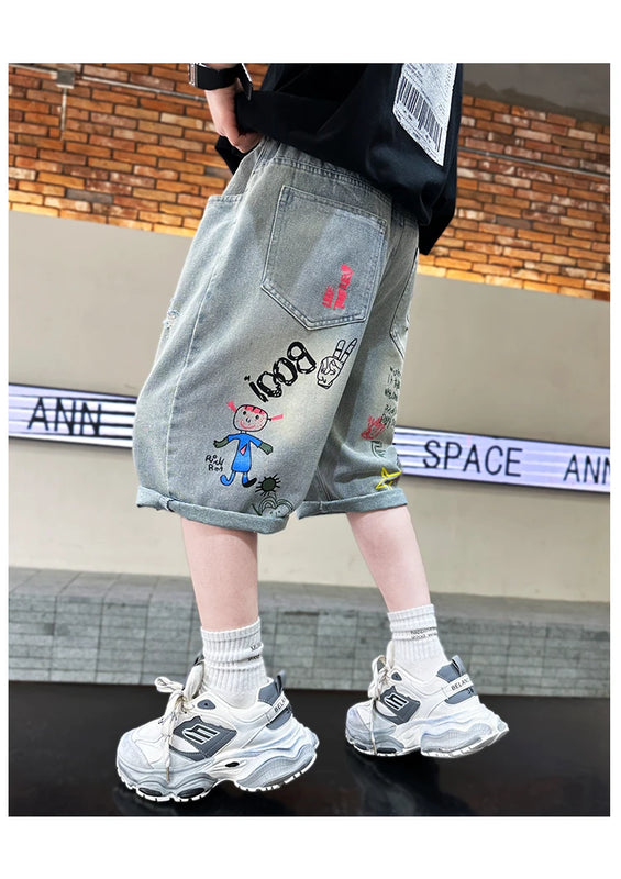 Kids Boys Graffiti Drawing Denim Shorts Elegant Children Casual Ripped Short Jeans Capris Pants 5 6 7 8 9 10 11 12 13 14 Year