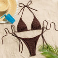 Solid Brown String Halter Triangle Micro Bikini Thong | SAMAG