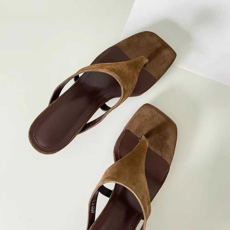 Women's Square Toe Thong Sandals Kitten Heel Slippers Summer Suede Flip Flops Elegant Mules for Ladies Outdoor Casual Dress Shoe