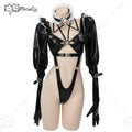 Meowcos Women Gothic Dark Maid Lingerie Set Black Sexy Bodysuit with Miniskirt and Stockings Cosplay Costumes