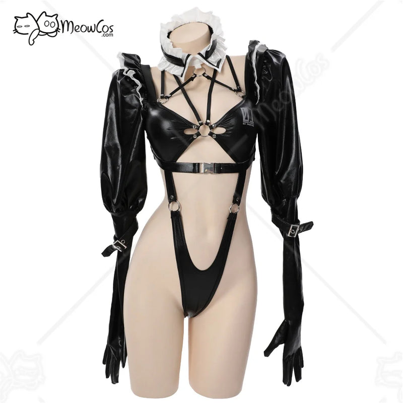 Meowcos Women Gothic Dark Maid Lingerie Set Black Sexy Bodysuit with Miniskirt and Stockings Cosplay Costumes