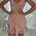 Romantic Lace Mini Dress For Women Spaghetti Strap V Neck Front Tie Layered Ruffle Hem Frock Vacation Dating Female Dresses