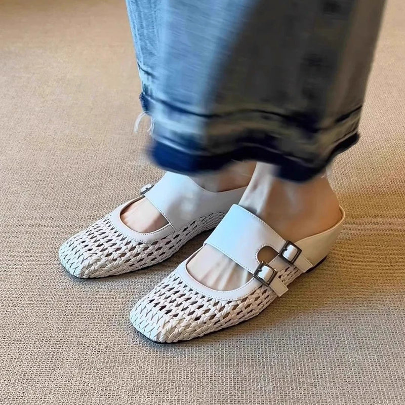 Women Woven Mules Hollow Out Leather Clogs Double Strap Buckle Wedge Slippers Vintage Closed Toe Summer Mid Heel Sandals Shoes