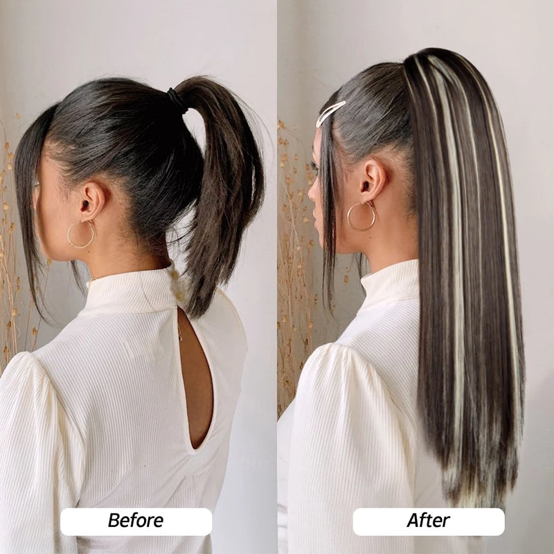 Synthetic Claw Clip On Ponytail Extension 22Inch Long Straight Wavy Ponytail Hair Ponytail With Claw Clip On Ponytail For Women
