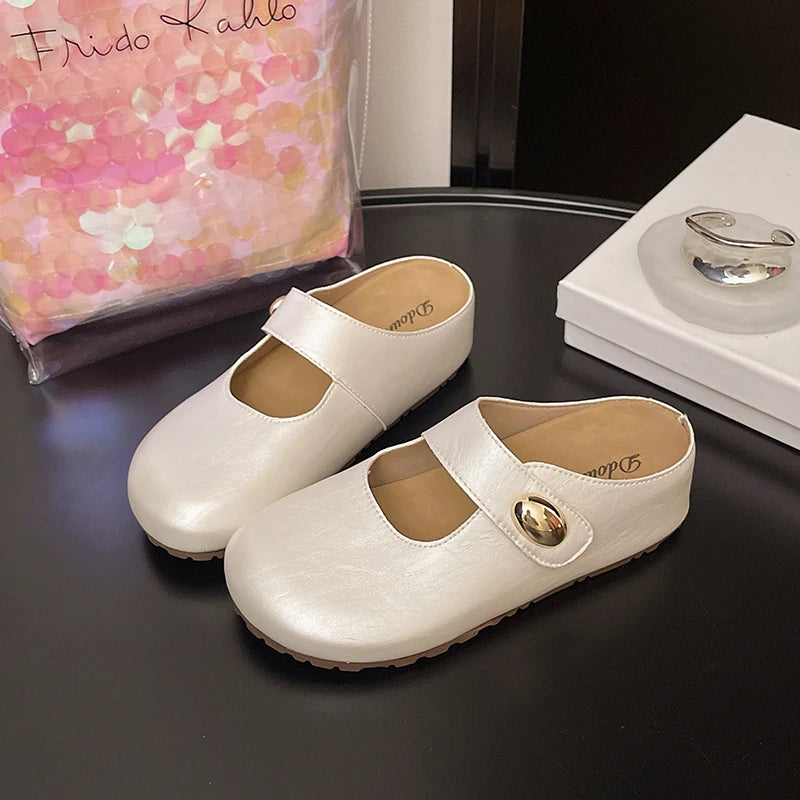 Summer Women Metallic Round Toe Mary Jane Hook & Loop Strap Mules Clogs Non Slip Casual Flats Sandals Slippers Shoes for Ladies