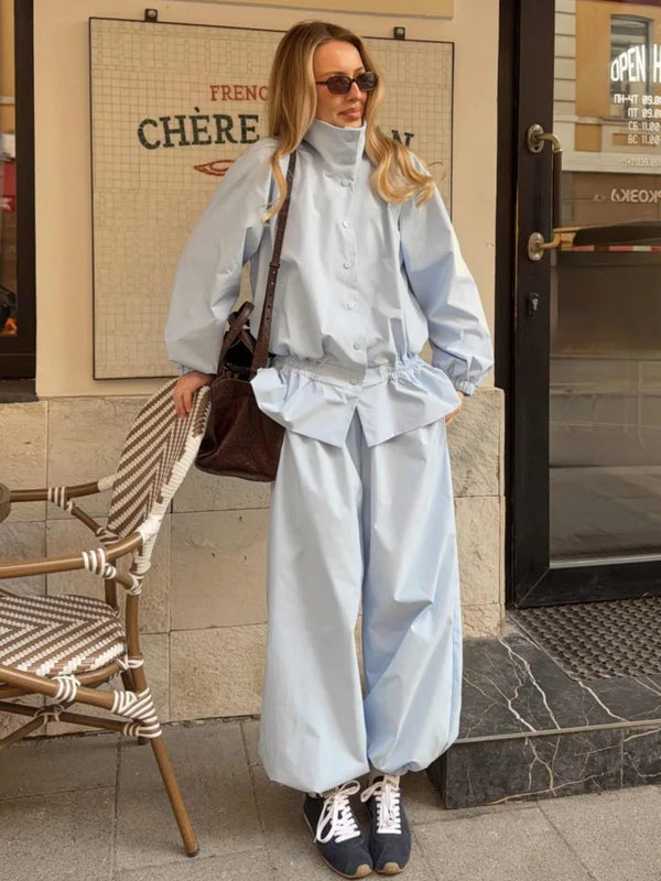 DFDG Women 2026 Spring Summer Casual Stand Collar Long Sleeve Top High Waist Elastic Cuff Jogger Pants Two Piece Streetwear Set