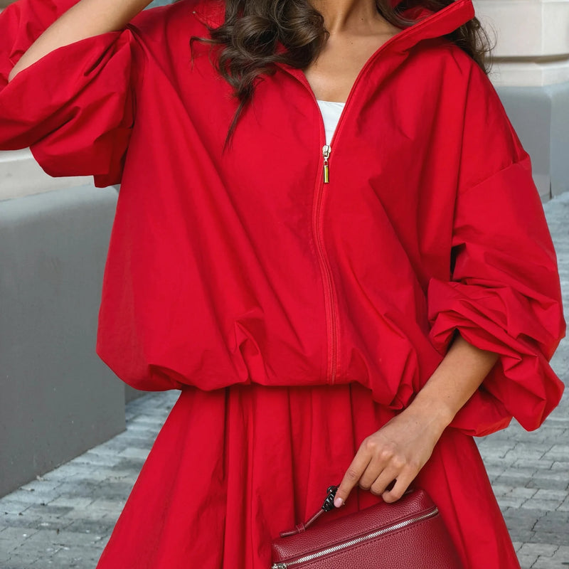 Women Oversized Hooded Zipper Jacket Maxi Long Skirt Two | SAMAG