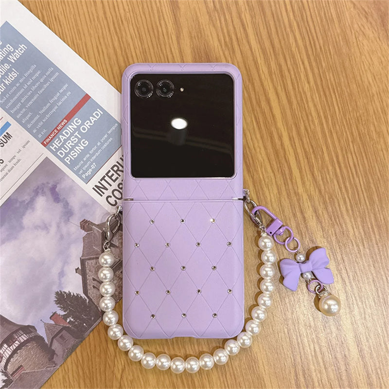 Luxury Glitter Diamond Check Phone Case With Bow Pendant Leather Strap for Motorola Razr 60 Ultra Razr2025 Razr 50Ultra Cover