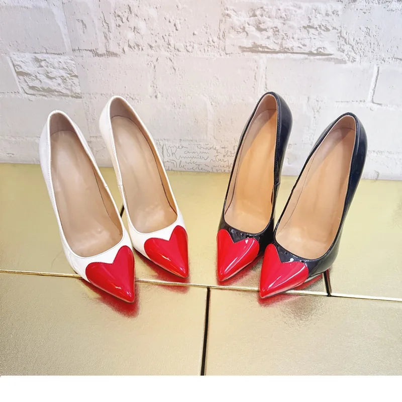 New slim high-heeled pointed shoes, sexy red peach heart color blocked light mouth shoes, 12cm fashionable plus size single shoe