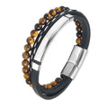 MingAo Charm Men Jewelry Natural Stone Multi-Layer Leather bracelet Black Stainless Steel Magnetic Clasp Tiger eye Bead Bracelet
