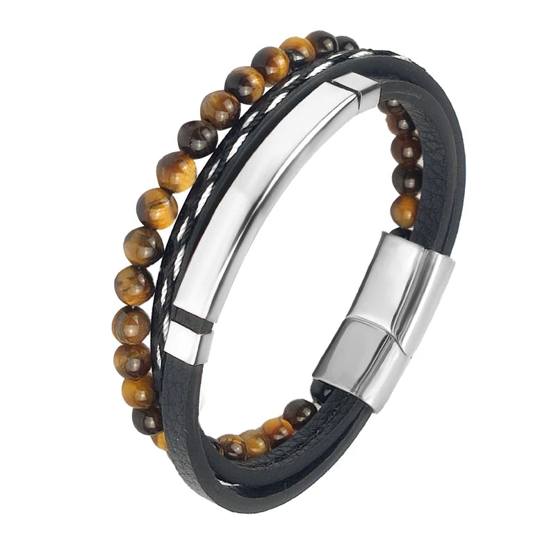 MingAo Charm Men Jewelry Natural Stone Multi-Layer Leather bracelet Black Stainless Steel Magnetic Clasp Tiger eye Bead Bracelet