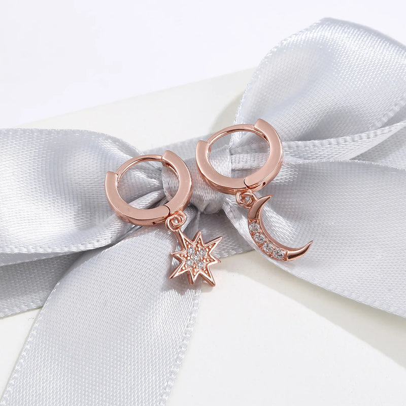 VENTFILLE 925 Sterling Silver CZ Star Moon Asymmetric Hoop Earrings for Women Girls Gold Silver Color Party Jewelry Gifts