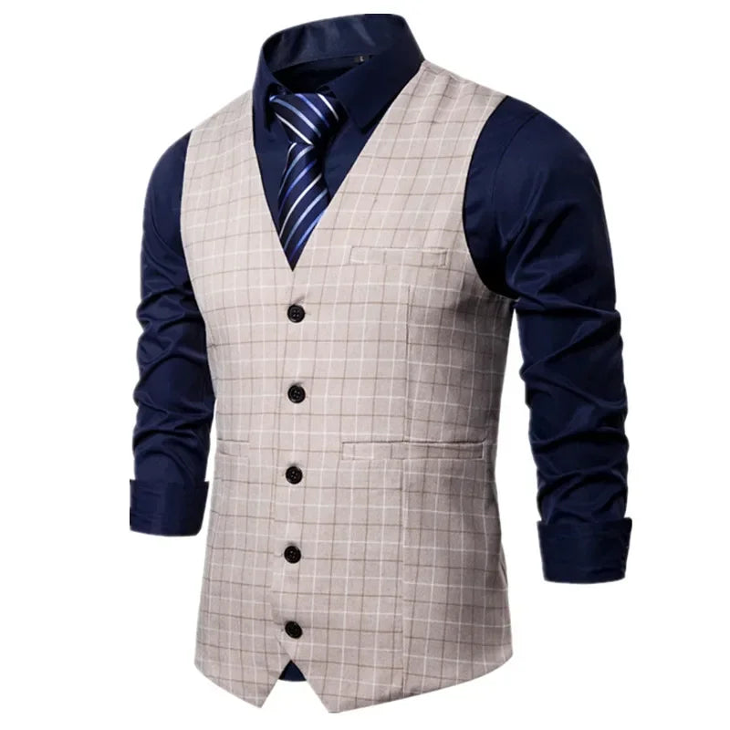 2026 New Men's Plaid Sleeveless Vest, Single Breasted V-Neck Suit Vests,Wedding/Party/Business/Office Waistcoat, Europe Size