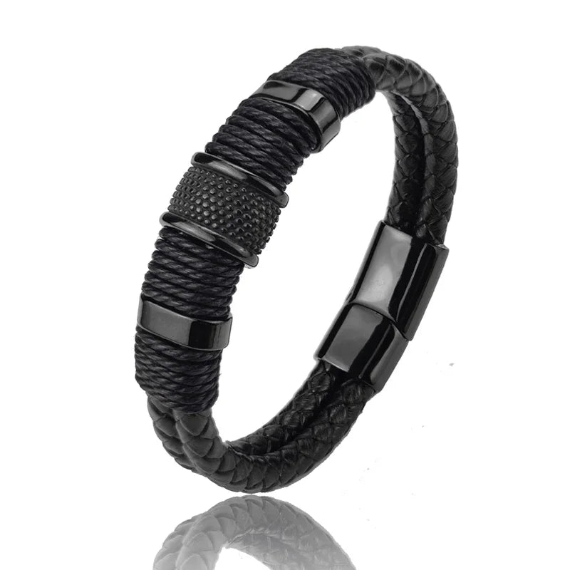Luxury Vintage Multilayer Brown Leather Stainless Steel  Men Bracelet Bead Bracelet Jewelry Male Wrist Bangle Christmas Gifts