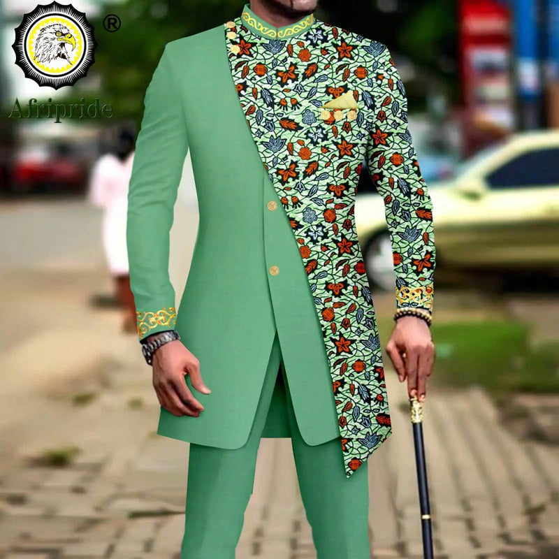 African Suits for Men Embroidery Print Blazer and Pants Set Business Dress with Kerchief Party Wedding - View 9 | SAMAG