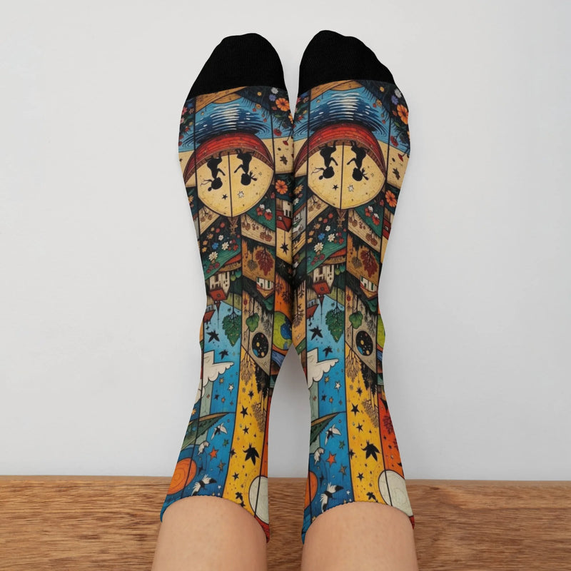 Fairy tale patchwork illustrations Funny Men's Socks Halloween Novelty Happy Socks Gift Retro Style Soft Warm Non-slip Socks
