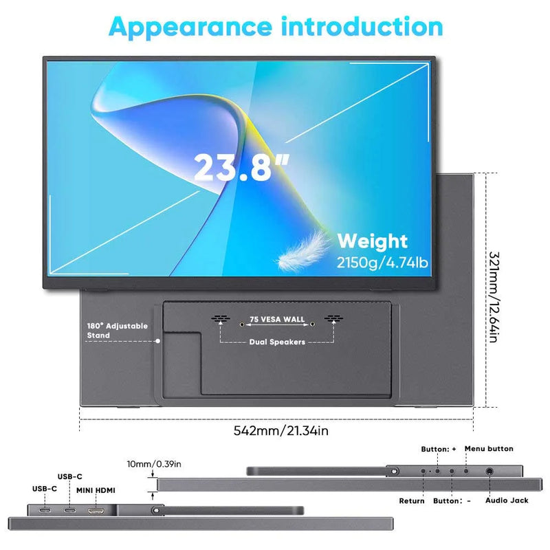 23.8 Inch 120Hz Portable Monitor 100%sRGB With VESA Hole Back Bracket Laptop Extended Display IPS Computer Display for Laptop PC