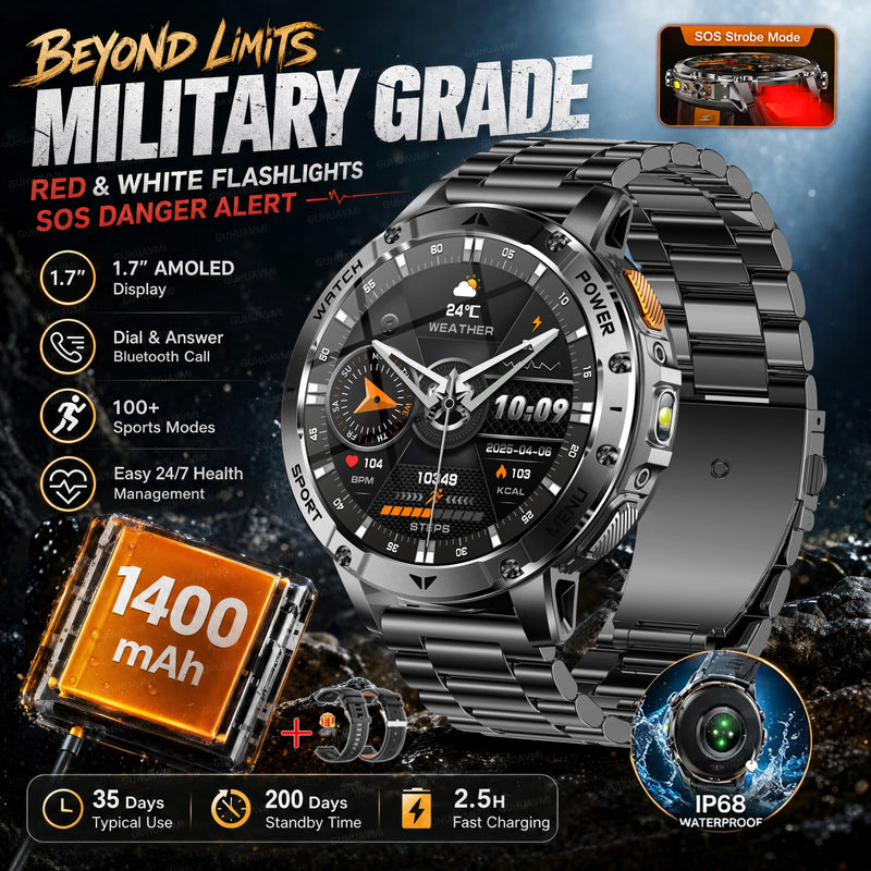 2026 New Military TANK 1400mAh Battery Smart Watch IP68 Waterproof LED Flashlight Heart Rate Sports tracker SOS Smart Watch Men
