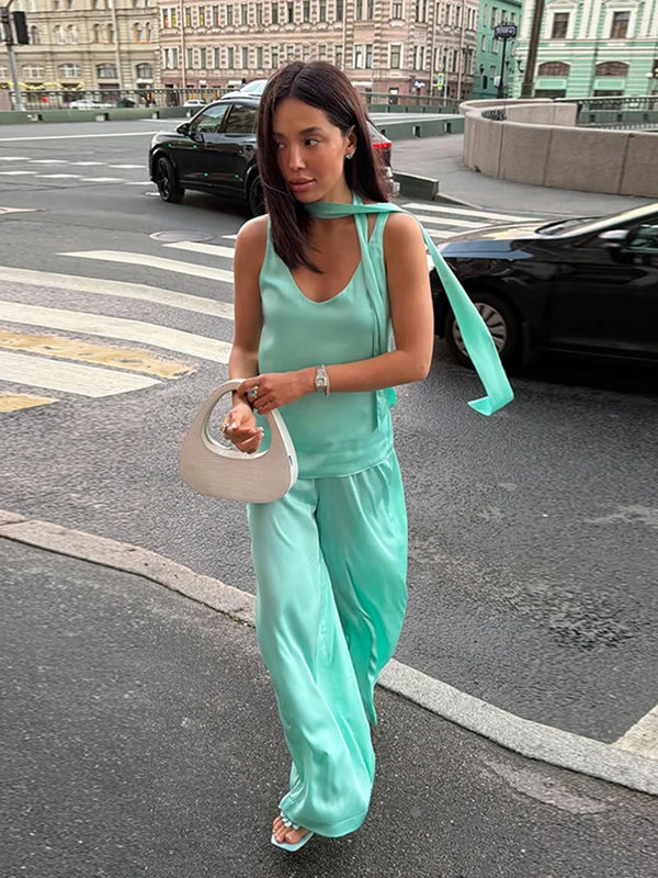 Casual Satin Pants Sets Women V Neck Sleeveless Scarf Patchwork Loose Suits Female 2026 Autumn New Chic Solid Vacation Set Lady