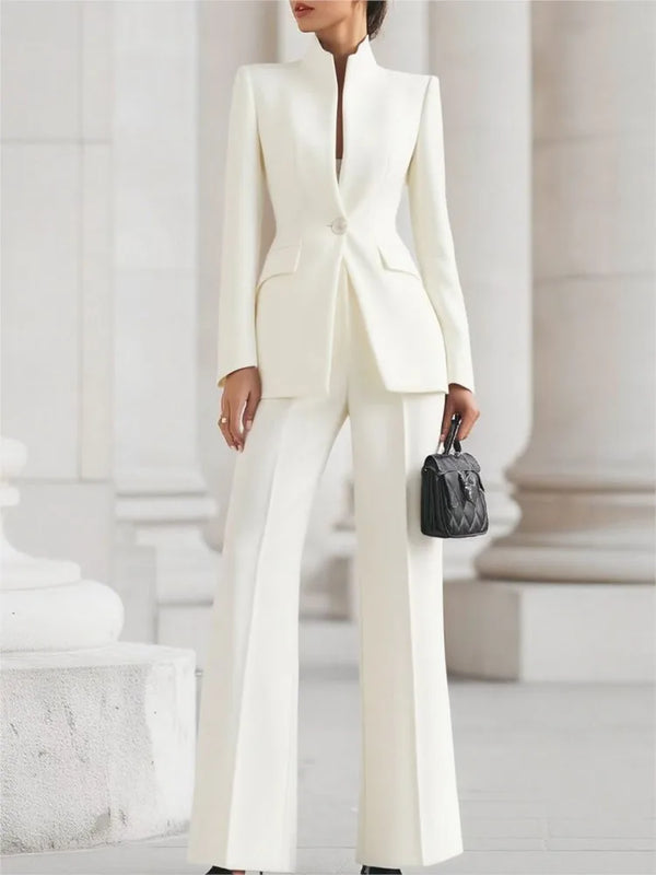 Elegant Women Solid Slim Two Piece Sets Spring Fashion Stand Collar Long Sleeved Blazer+Pants Suit Casual Work Office Coat Set