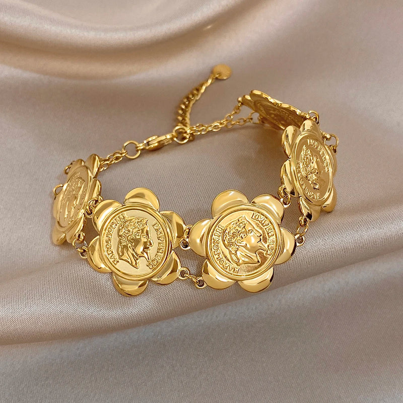Vintage Gold Plated Stainless Steel Coins Wrist Bracelet for Women Men Classic Ethnic Cuff Bracelets Waterproof Jewelry