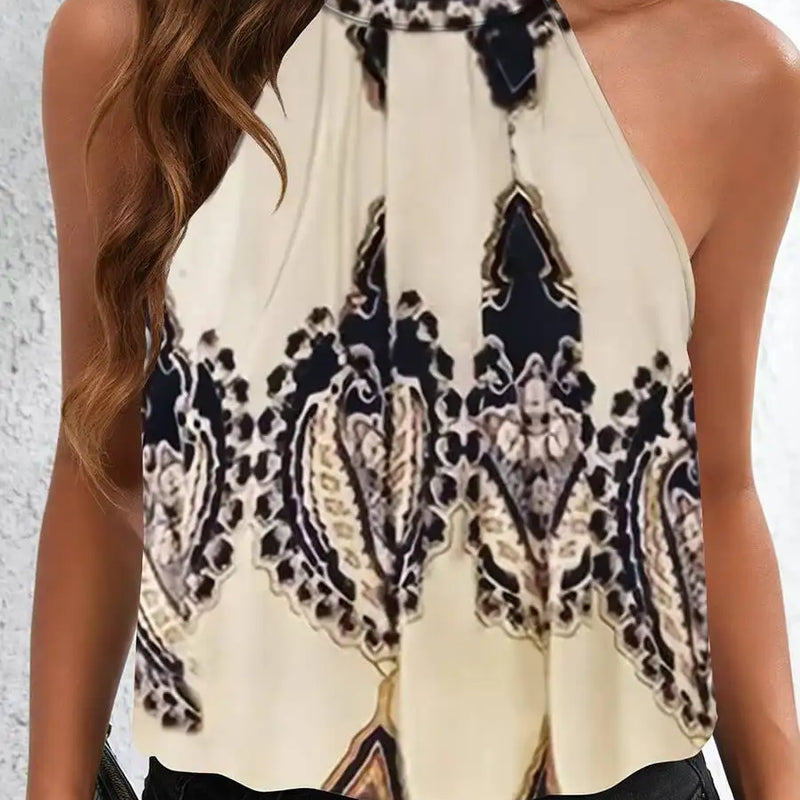 Women's Vest Tank Top Spring Summer Beige Black Paisley Lace Print Halter Neck Sleeveless Loose Basic Casual Daily Fashion Top