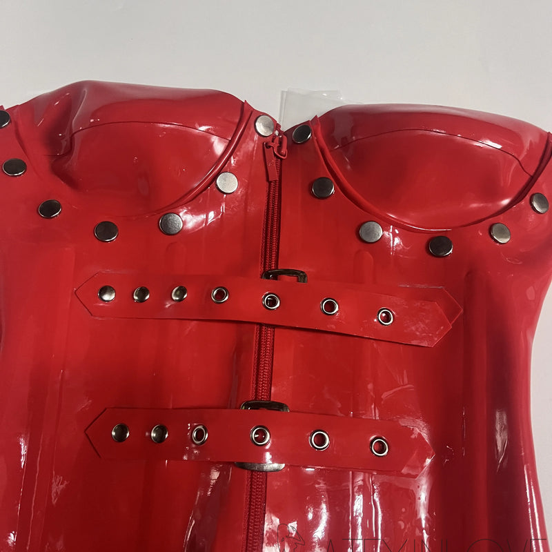 Sexy Red 0.8mm Thicker Latex Corset Bustier Body Shape Detachable Breast Cup with Front Zip Back Lace