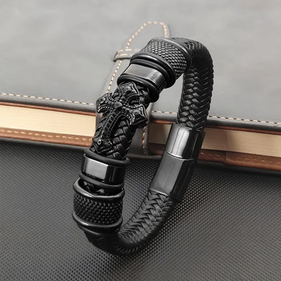 Dark Series Men's Leather Cross Bracelet New Fashion Hand - woven Rope Multi - layer Combination Stainless Steel Male | SAMAG