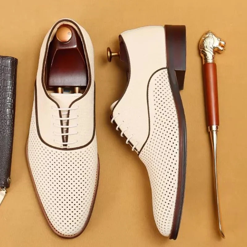 Men's Business Casual Oxford Shoes Real Cow Leather Comfortable Breathable Hollow Leather Summer Shoes White Dress Shoes