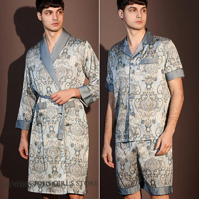 New Men's 3PCS Robe Sets Pajama Ice Silk Rayon Kimono Gown Bathrobe Loungewear Loose Print Home Clothes Nightwear Male Sleepwear