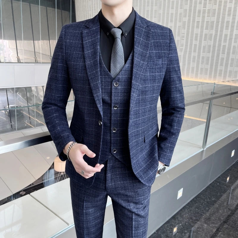 Men's High-Quality Cotton Texture Wedding Suit Set - Plaid Pattern Business Casual Three-Piece Vest Trousers Ensemble