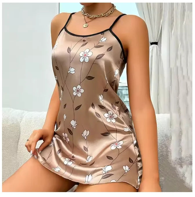 Women's Sleepwear Summer Floral Print Satin Nightgown | SAMAG