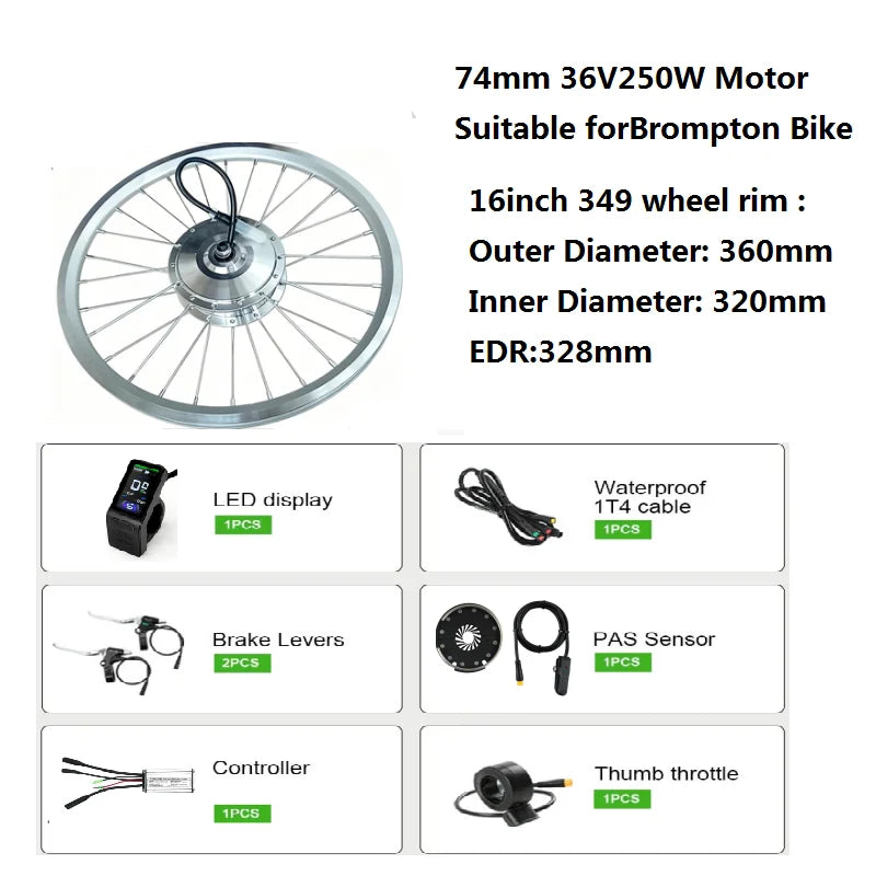DIY Brompton E-Bike Conversion Kits E Bike motor Kits 74MM Battery,Bike to Electric Bike Upgrade Kit 250W 16 inch wheel