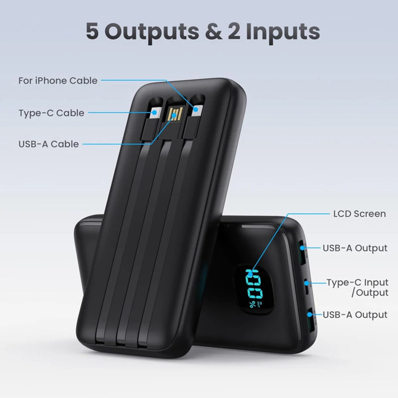 Power Bank Portable Charger with 3 Built-in Cables,Ultra Slim 10000mAh PD 3.0A USB-C Battery Pack,LCD Display 5 Outputs Travel Essentials Powerbank for iPhone 16/15/14/13/12 Series,Samsung,Android etc