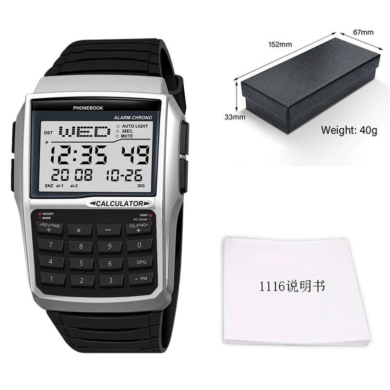Men's Top Luxury LED Multifunction Calculator Watch Luminous Electronic Numeric Watch Keyboard Style