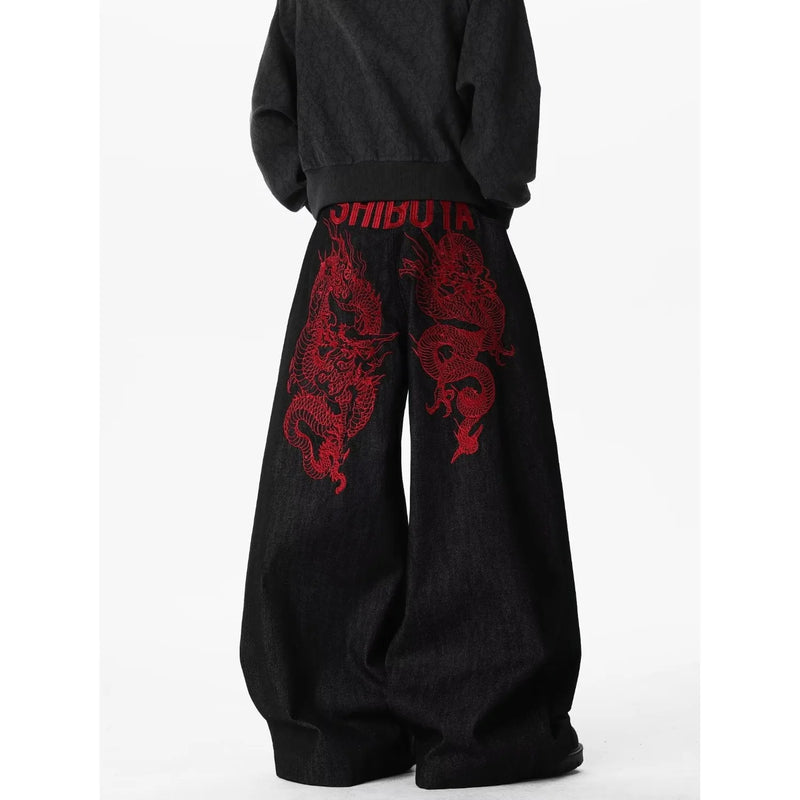 Retro Red Dragon Embroidery Wide Leg Knife Edge Jeans | SAMAG