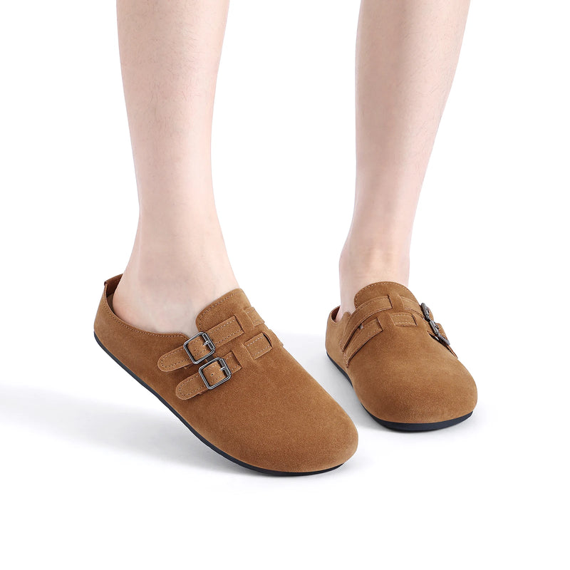 Evshine Women's Suede Clogs Slippers with Double Buckle Non-slip Beach Slides Classic Potato Shoes Comfy Soft Insole Flat Mules