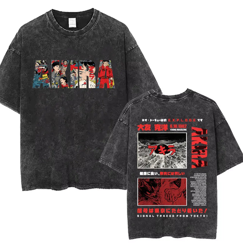 Washed Retro Japanese Anime Akira Print 100%Cotton Men Woment T-shirt Summer Autumn Daily Sports Party Casual Loose Short Sleeve
