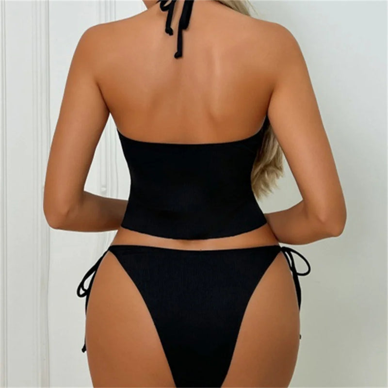 Sexy Black String Bikini Set Shell Border Swimsuit Halter | SAMAG