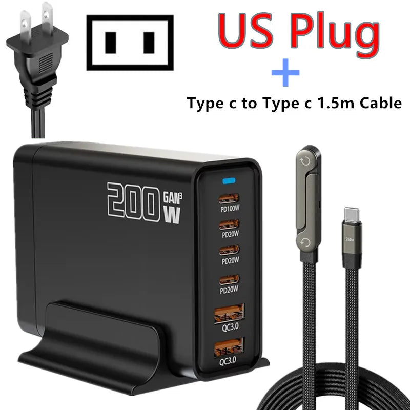 200W Desktop USB C Quick Charger GaN PD Fast Charger 6 Port Mobile Charging Adapter For Laptop iPhone 17 16 15 Samsung Xiaomi