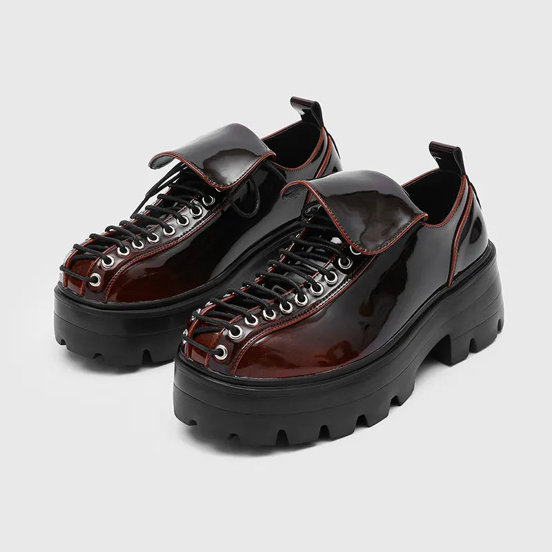 Thick Soled Derby Shoes British Style Men's Lace Up Round Toe Casual Leather Shoes Trendy Handmade Height Increasing Men's Shoes