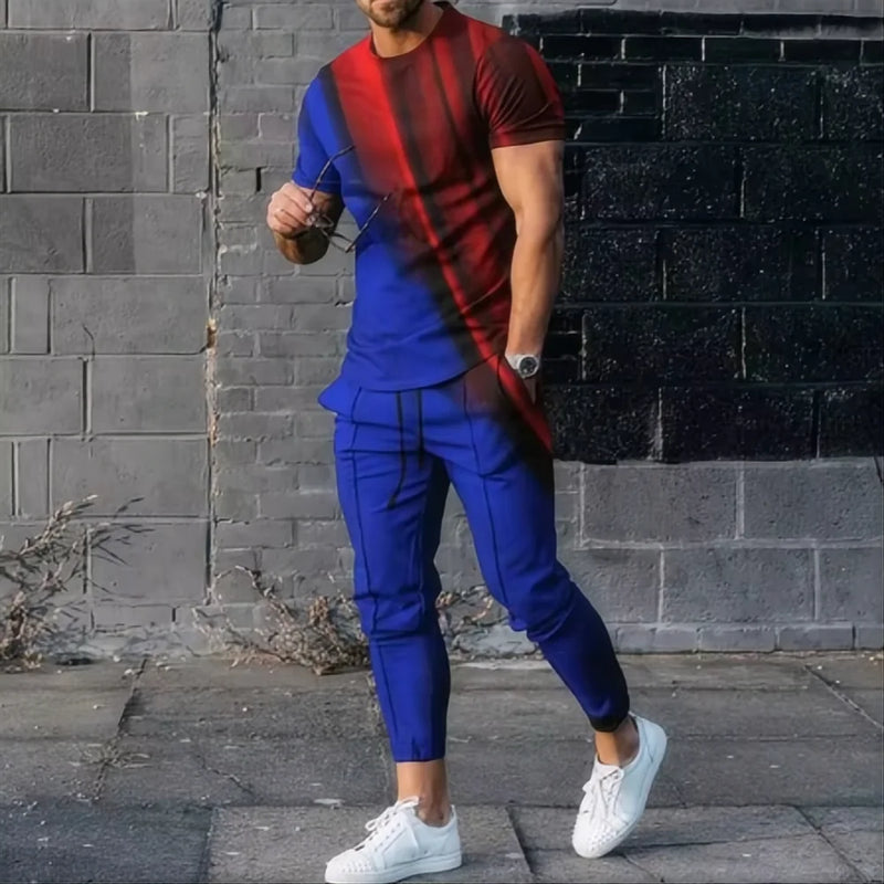 Summer men's T - shirt and pants sports suit abstract gradient 3D printed T - and set 2 - piece street wear - View 9 | SAMAG