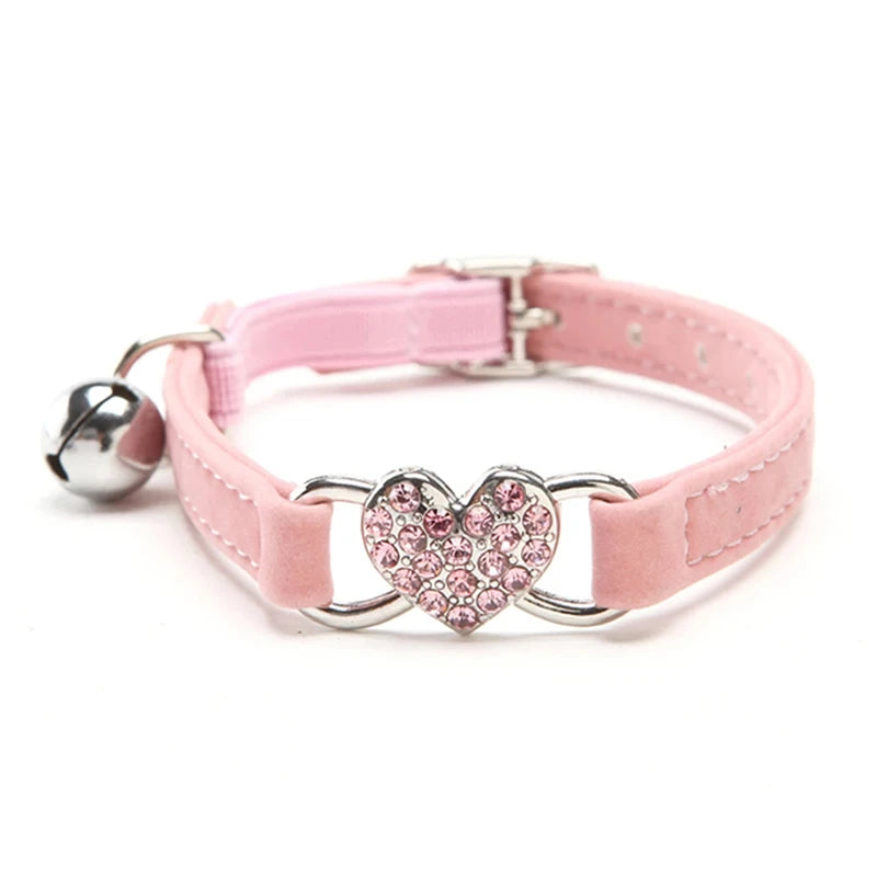 Heart Shaped Cat Collar With Bell Safety Elastic Adjustable Collar Soft Cat Crystal Collar For Kitten Puppy Pet Supplies