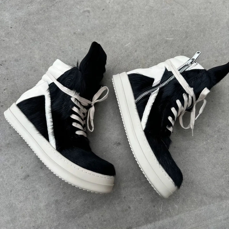 Ro Luxury Men Ankle Boot Black Horsehair Boots Women Sneaker Horse Hair High Top Shoe  Casual Shoes Zipper Sneakers